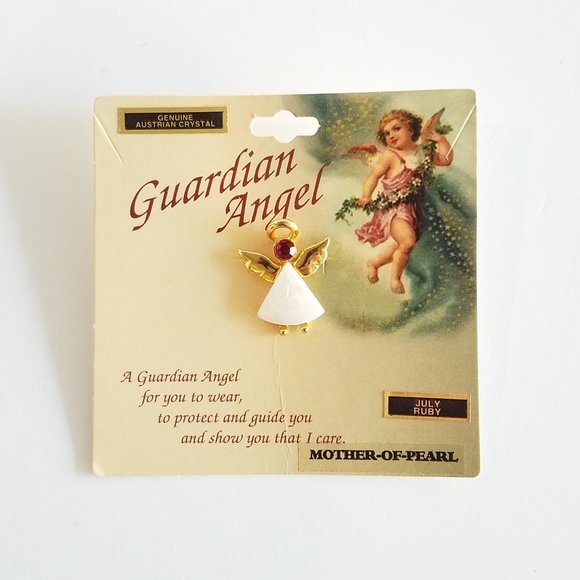 Small Gold Tone Angel Pin Mother Of Pearl & July Ruby Red Crystal - Picture 6 of 7